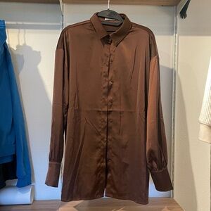 Peppermayo Brown Satin Long Sleeve Button Up